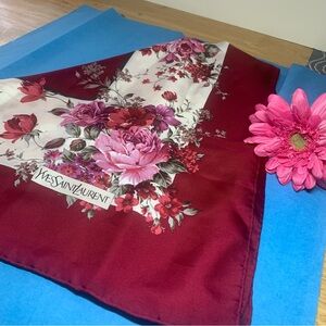 Yves Saint Laurent Burgundy Floral Silk Scarf